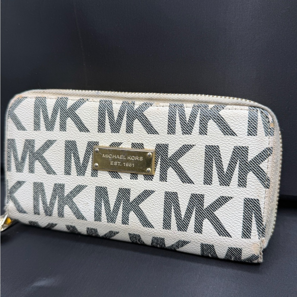 Michael Kors Monogram Zip-Around Wallet in Black and White